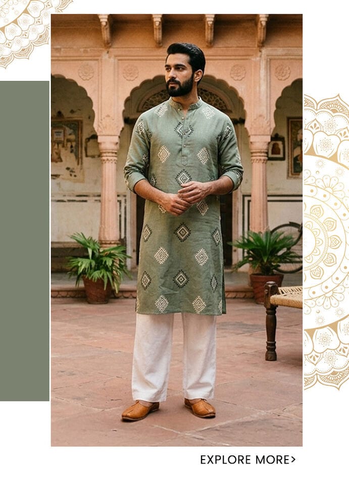 Sage green block-print linen kurta for men with geometric motifs, styled with white palazzo pants and tan juttis at a Rajasthani haveli — Aza Fashions