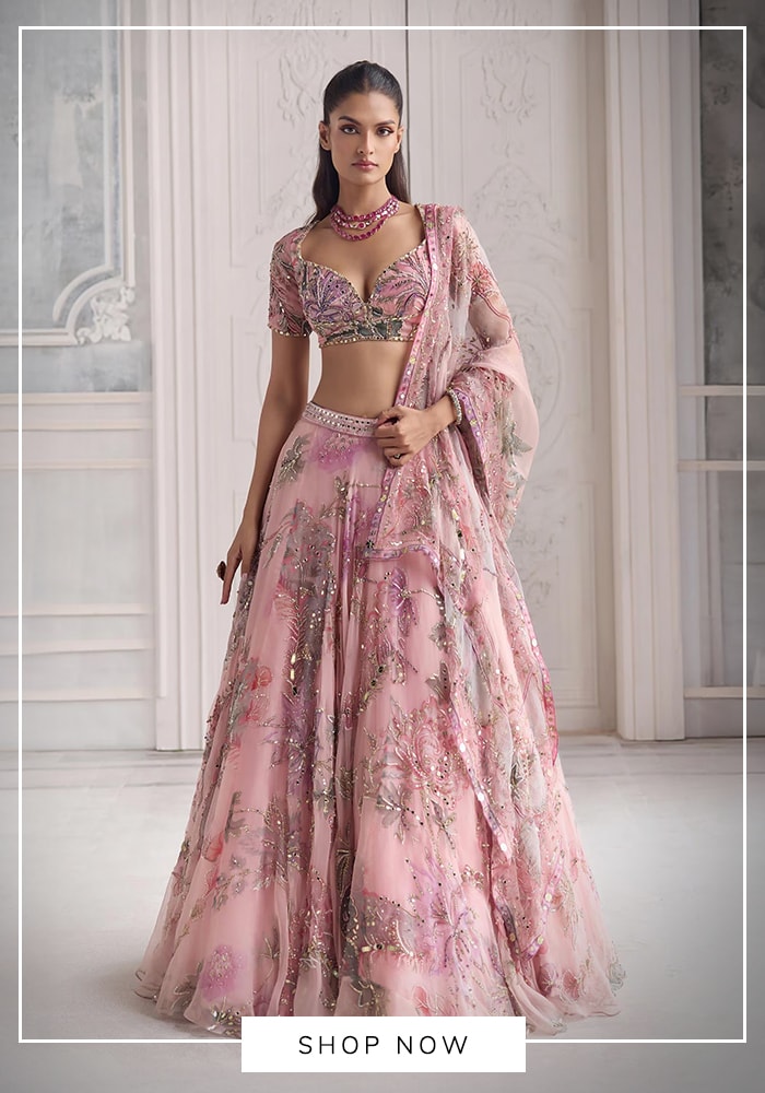 Mahima Mahajan 
Pink Silk Organza Embroidery, Sequins, Mirrors Sara Floral Print And Lehenga Set