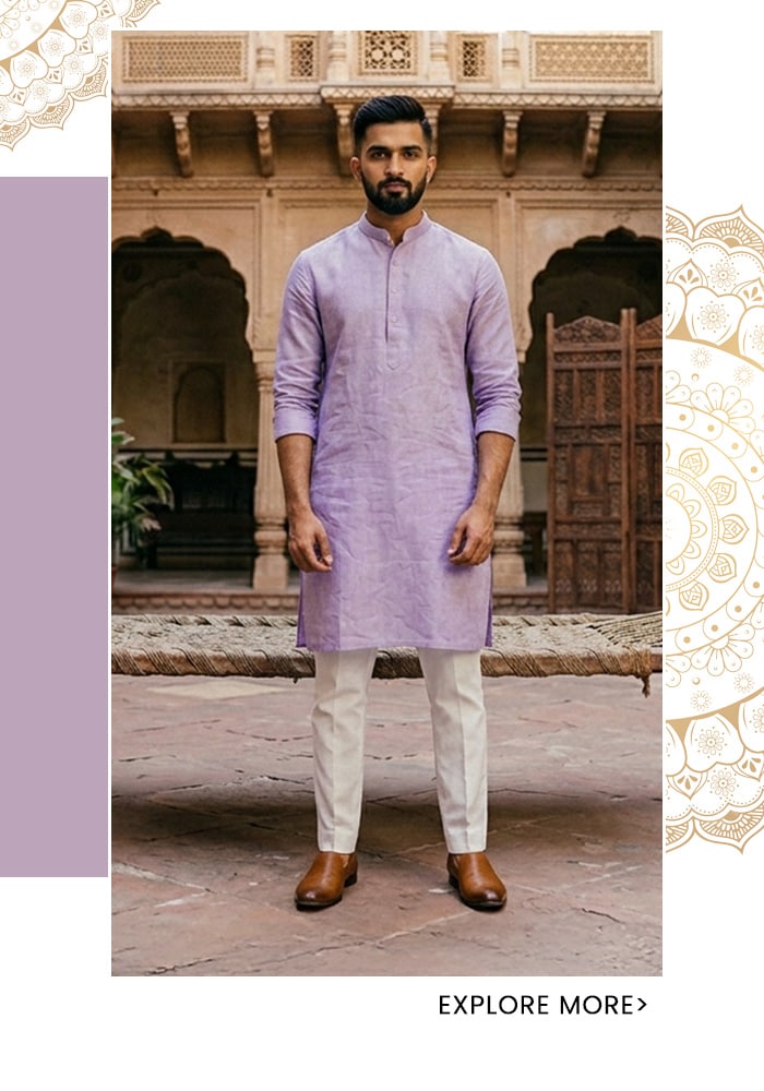 Lavender linen kurta for men with mandarin collar, styled with off-white trousers and tan leather shoes at a Rajasthani heritage haveli — Aza Fashions