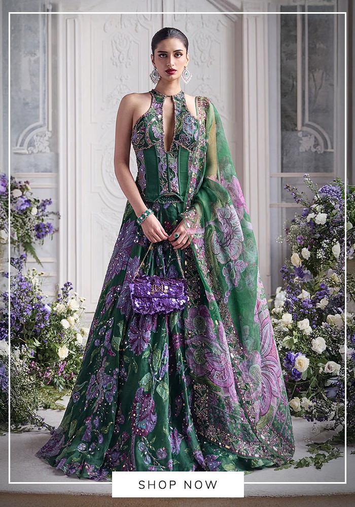 Mahima Mahajan 
Green Silk Organza Sequins, Embroidery Halter Neck, Zuha Printed Lehenga Set