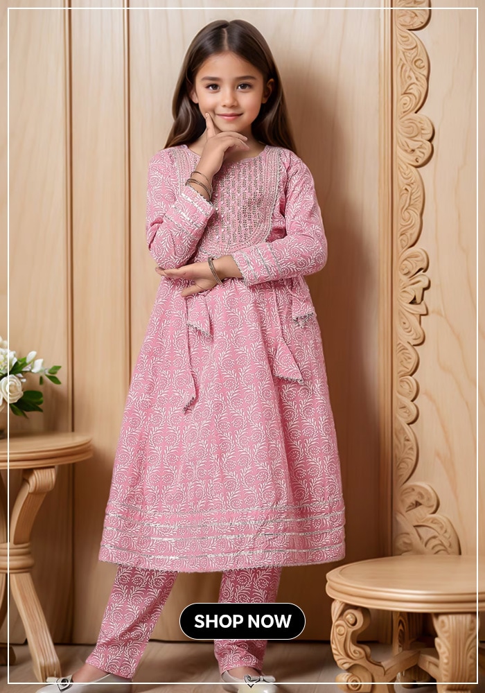 Pink Cotton Embroidery Printed Anarkali And Trouser Set
