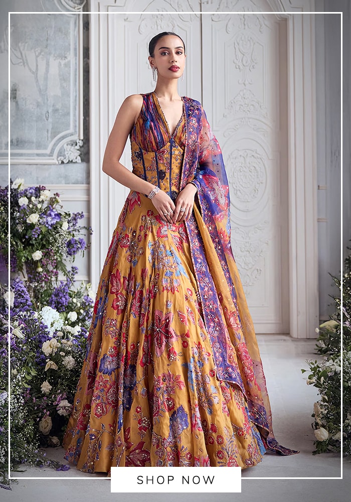 Mahima Mahajan 
Yellow Silk Organza Embroidery, Sequins, Stones V-neck Maham Corset Lehenga Set