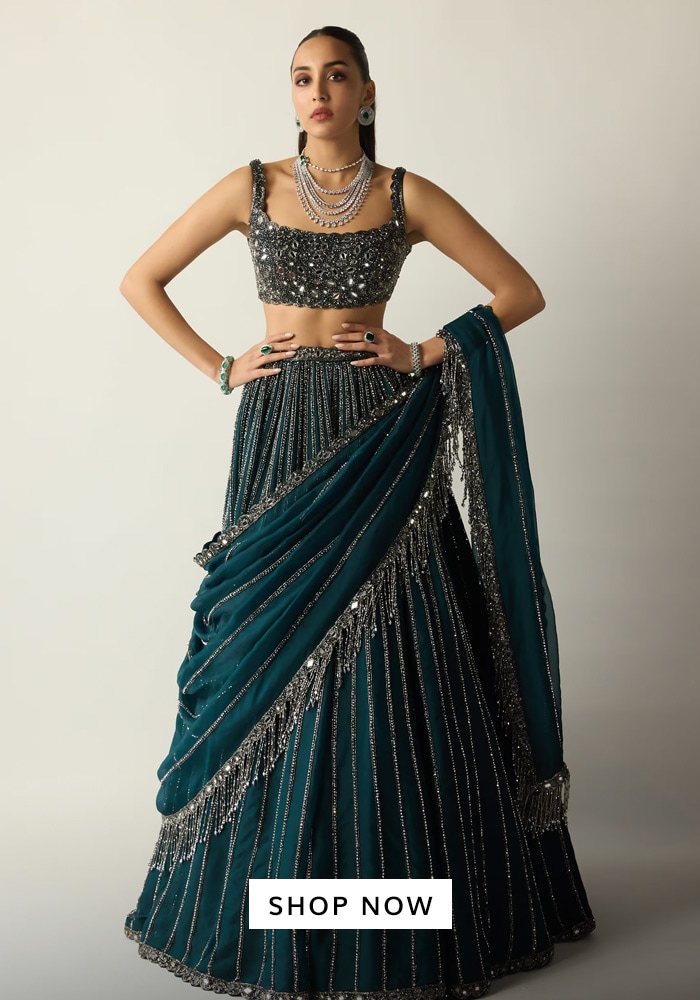 Know Your Designer – Ep 30: Vvani by Vani Vats 9 Vvani by vani vats
Blue Georgette, Organza Crystals, Stones, Dark Teal Linear Lehenga Set