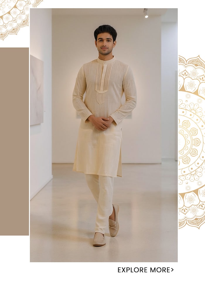Ecru linen pintuck kurta for men with vertical pleat detailing at the placket, styled in a full tonal look with matching trousers and loafers in a minimal art gallery setting — Aza Fashions