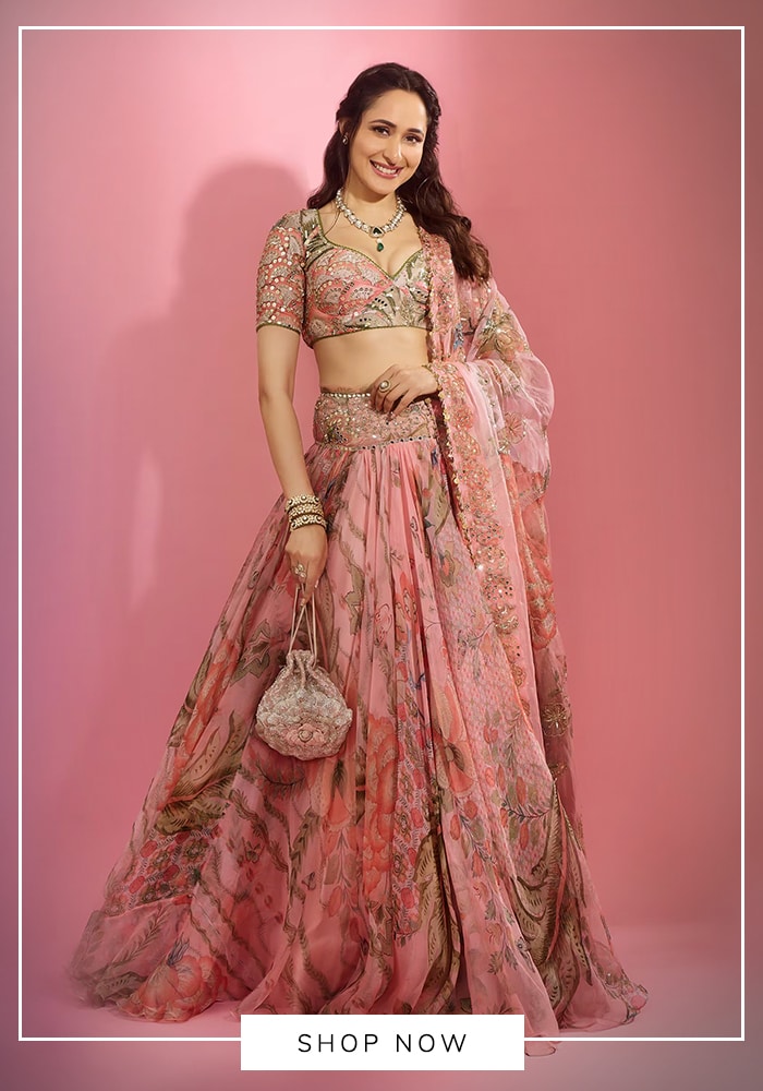 Mahima Mahajan 
Pink Organza, Silk Sequins, Mirrors Pragya Floral Garden Print Lehenga Set