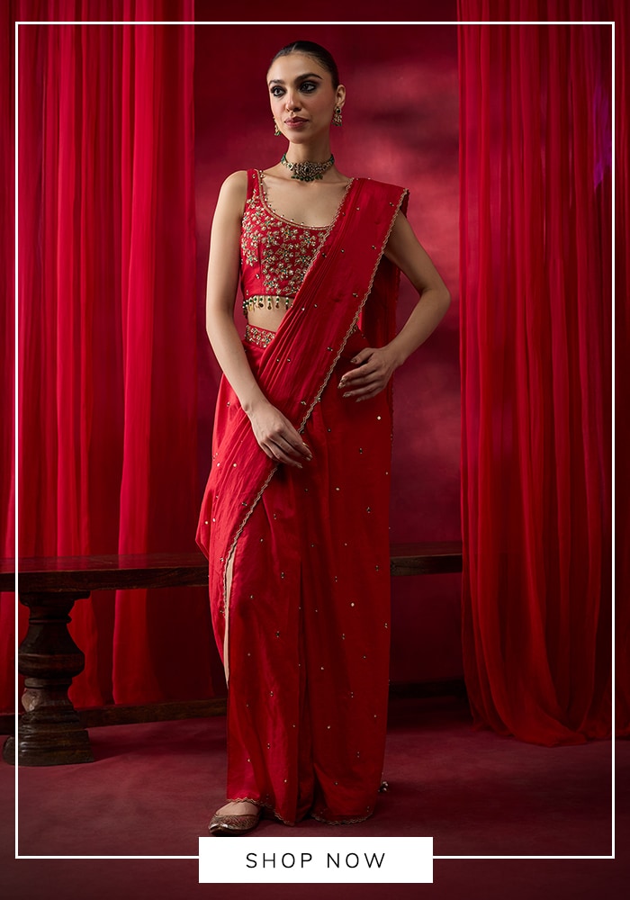 Temple-Ready Red & Orange Outfits for Hanuman Jayanti 2026 8 Fuss-Free Pre-Draped Sarees