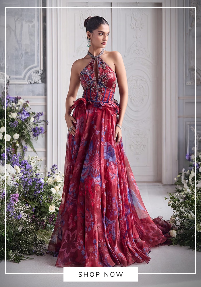 Mahima Mahajan 
Red Silk Organza Beads, Sequins, Embroidery, Elsa Printed Corset Lehenga Set