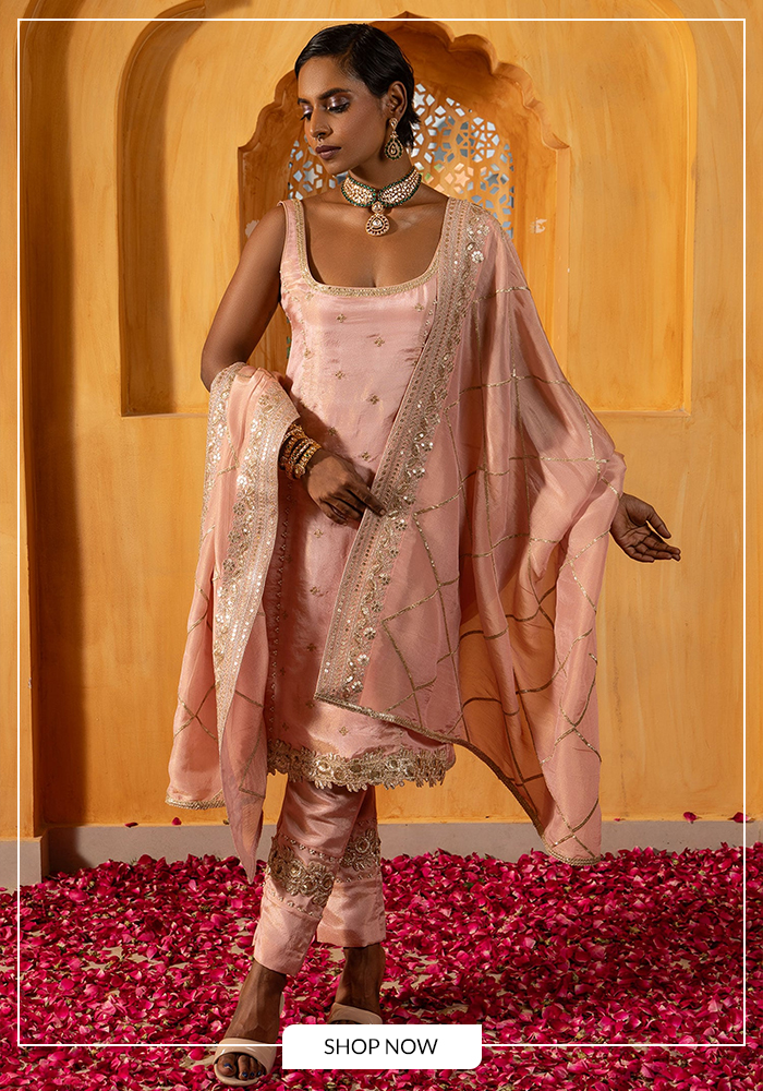 Monk & Mei By Sonia Anand 
Blush Silk, Tissue Embroidery, Zari, Kaaya Embellished Straight Kurta Set