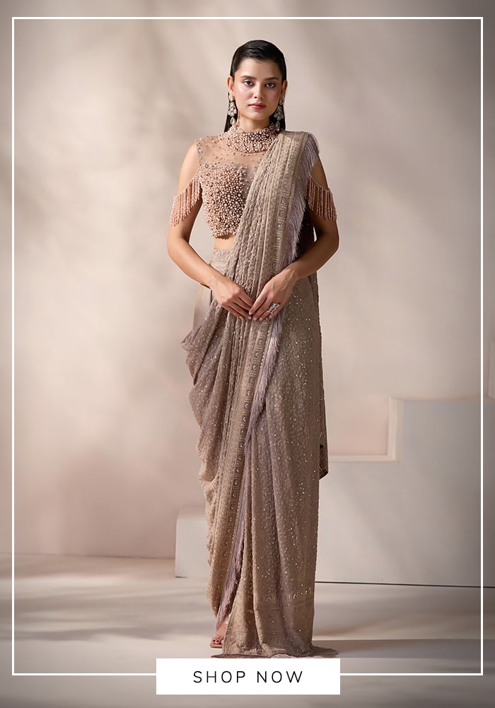 Ditch the Drape Stress: 6 Contemporary Saree Styles for Indian Brides in the USA 12 Metallic saree pant