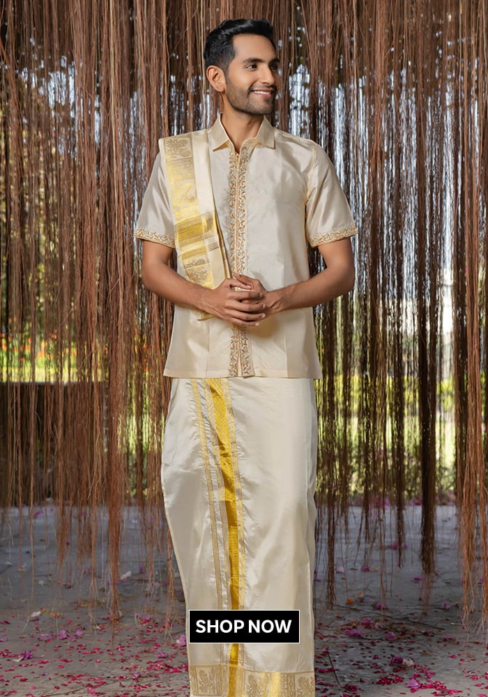 Hilo Design Cream Embroidery Kanjivaram Pattu Set