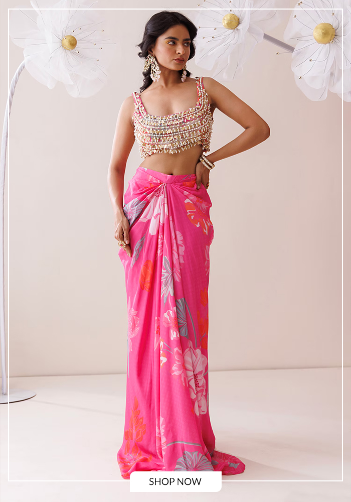 Pink Crepe Pearls, Sequins, Beads, Embellished Blouse And Floral Draped Skirt