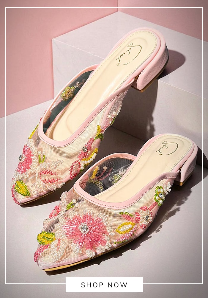 Floral embroidered mules for maxi dress pairing