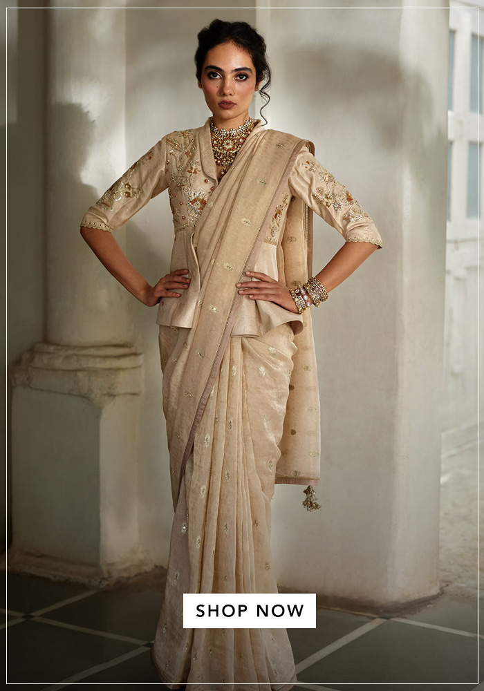 Gold-Jacquard-Satin-Lace-Embroidery-Collared-Floral-Saree-With-Peplum-Top