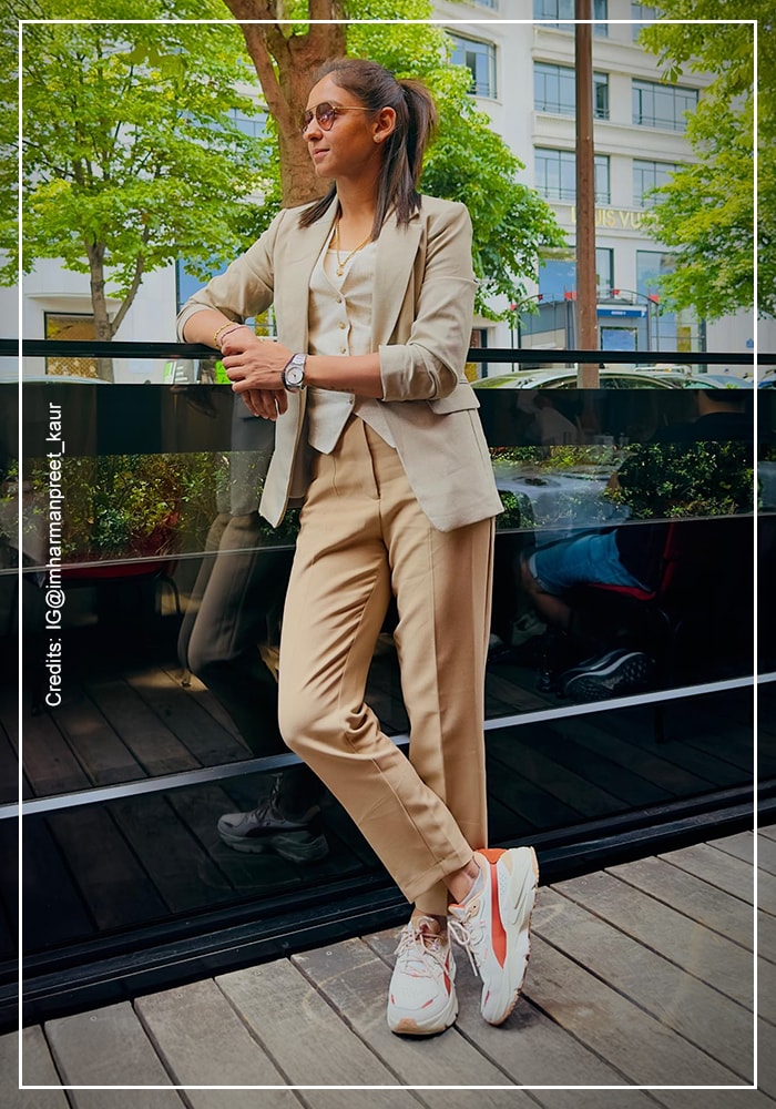 Harmanpreet Bhullar wearing jacket and pant