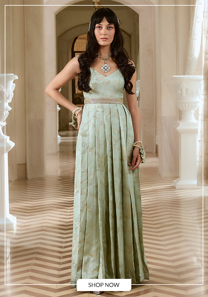 Paulmi And Harsh 
Mint Shantoon, Jacquard Zari V-neck Green Pleated Gown With Belt