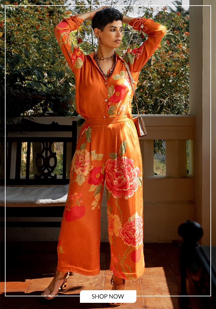 Paulmi And Harsh 
Orange Crepe Tassels Collared Blissful Floral Print Shirt And Pant Co-ord Set