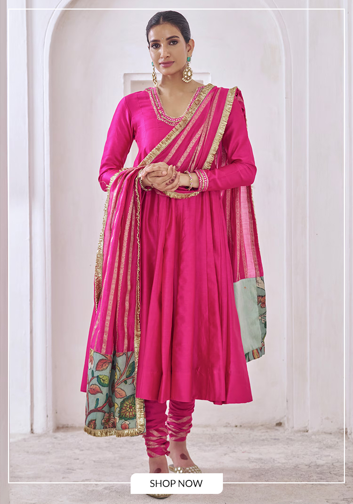 Aamra By Lavanya 
Pink , Chanderi Embroidery V-neck Hot Hand Anarkali Set