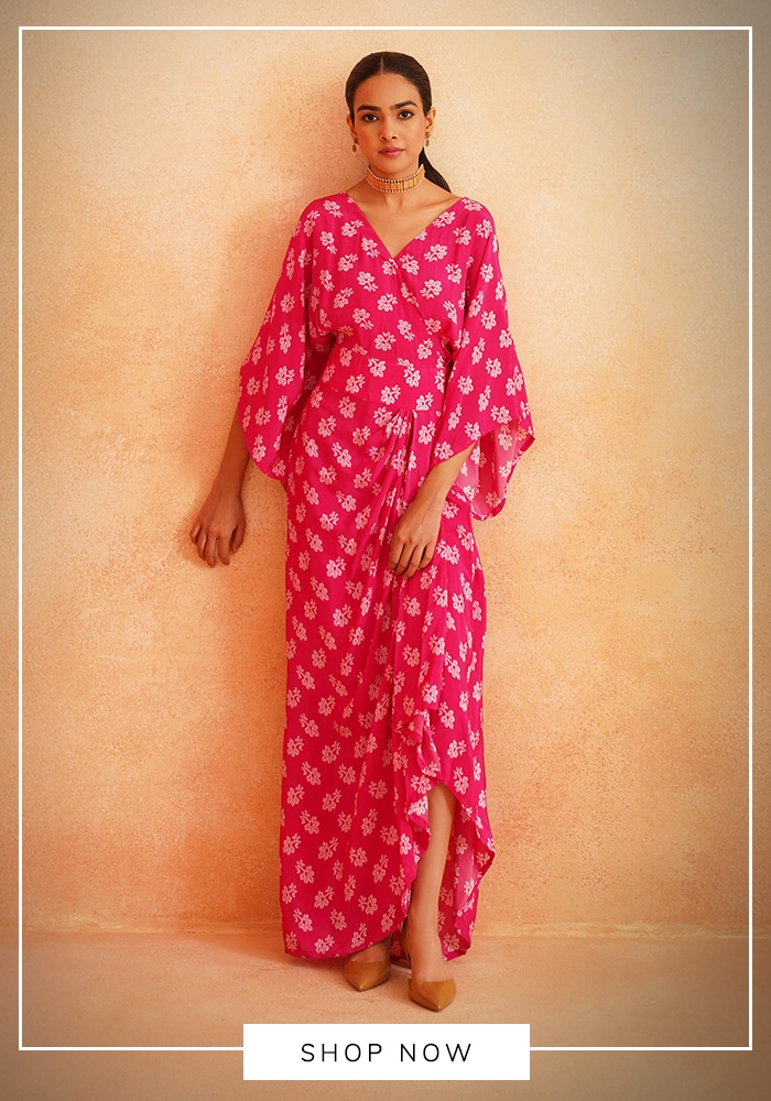 Pink floral motif printed wrap maxi dress
