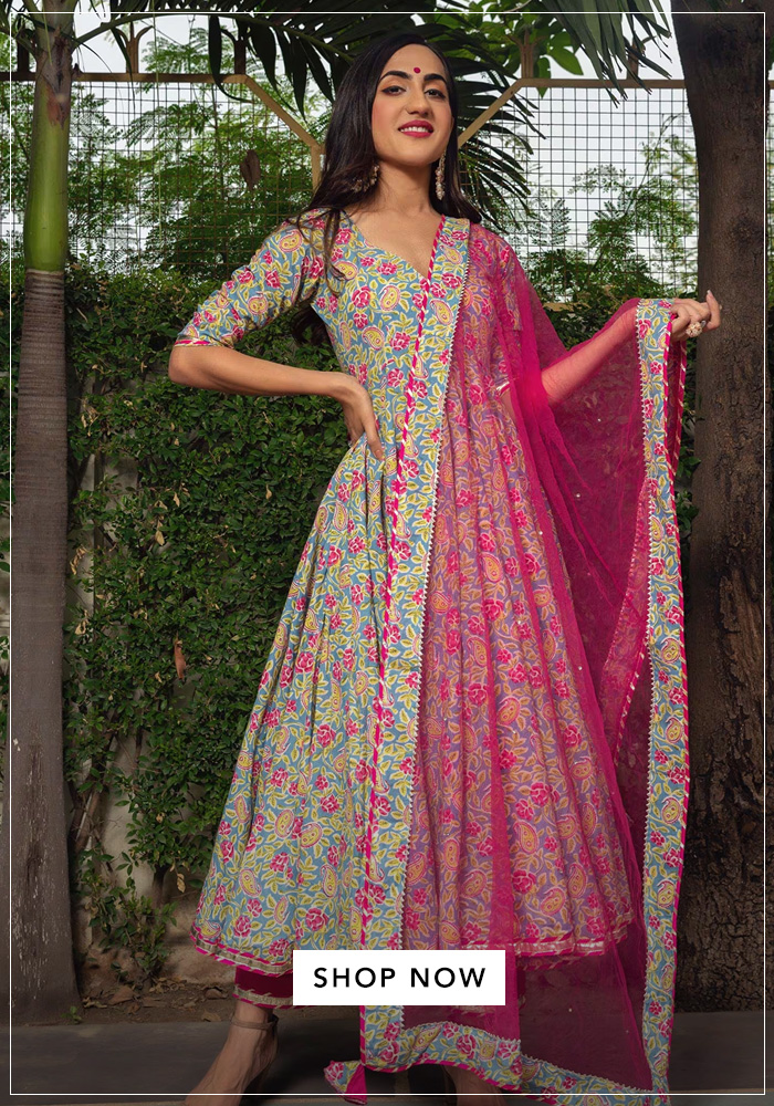 Pomcha-Jaipur-Pink-Cotton-And-Soft-Net-Hand-Block-Leaf-Neck-Print-Anarkali-Pant-