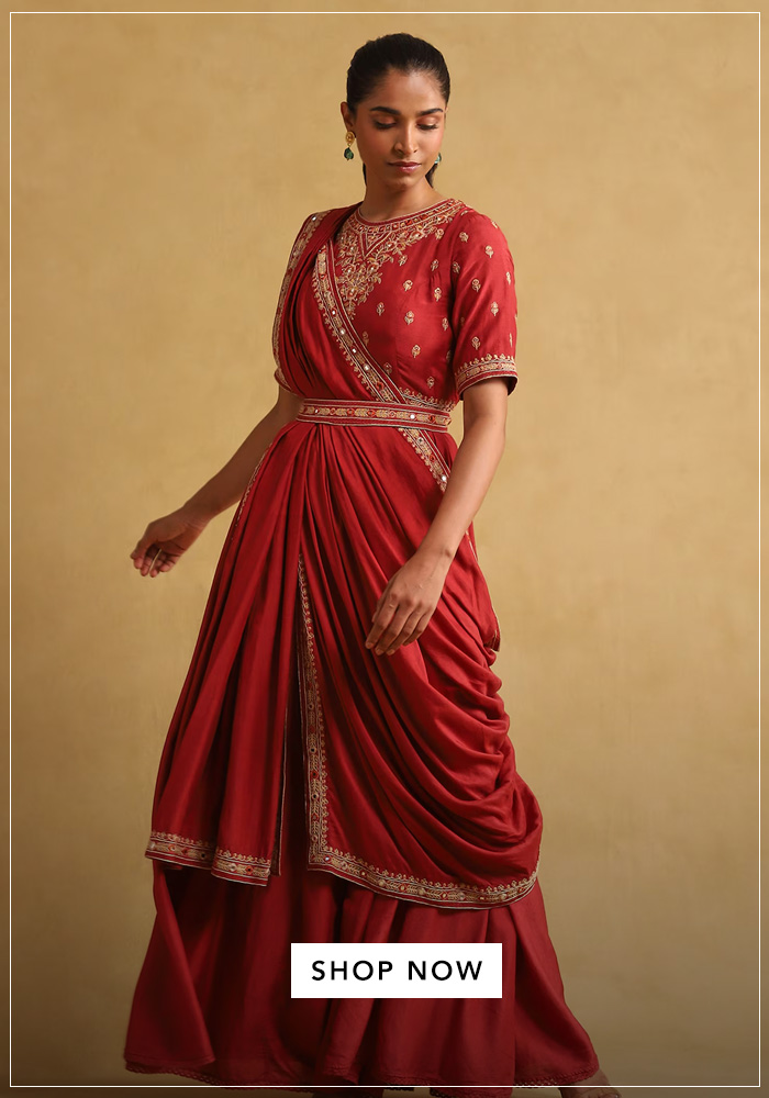 Red-Linen-Viscose-Sequins-Embroidery-Saree-Dress-Set