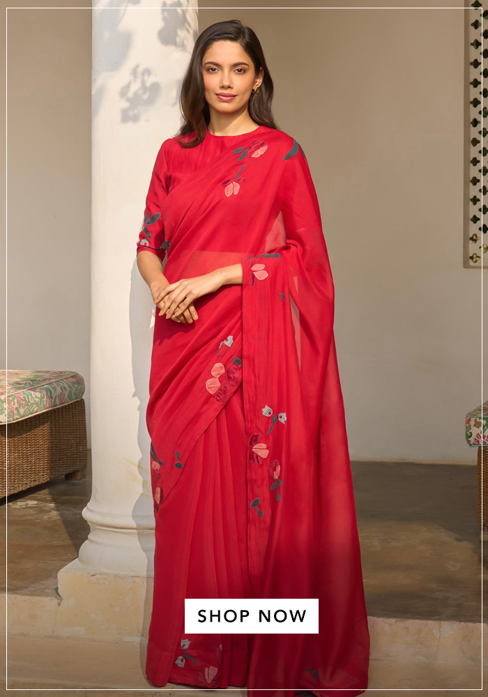 Red-Muslin-Cotton-Applique-Embroidery-Round-Neck-Cherry-Saree-With-Blouse