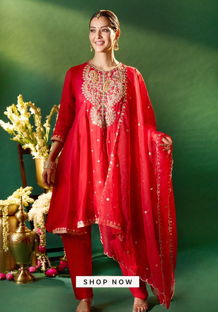 Red embroidered anarkali set