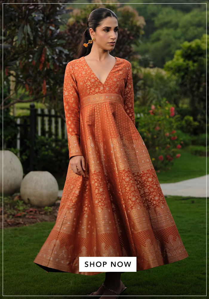 Safaa-Orange-Silk-Embroidery-V-neck-Moonga-Woven-Weaving-Flared-Dress