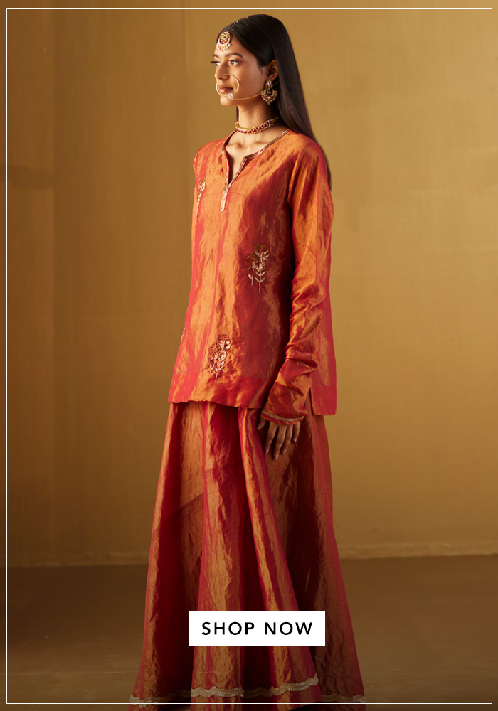 Shorshe-Clothing-Red-Handloom-Cotton-Embroidery-Lace-Mini-Saifi-Tissue-Kurta-And-Gharara-Set.
