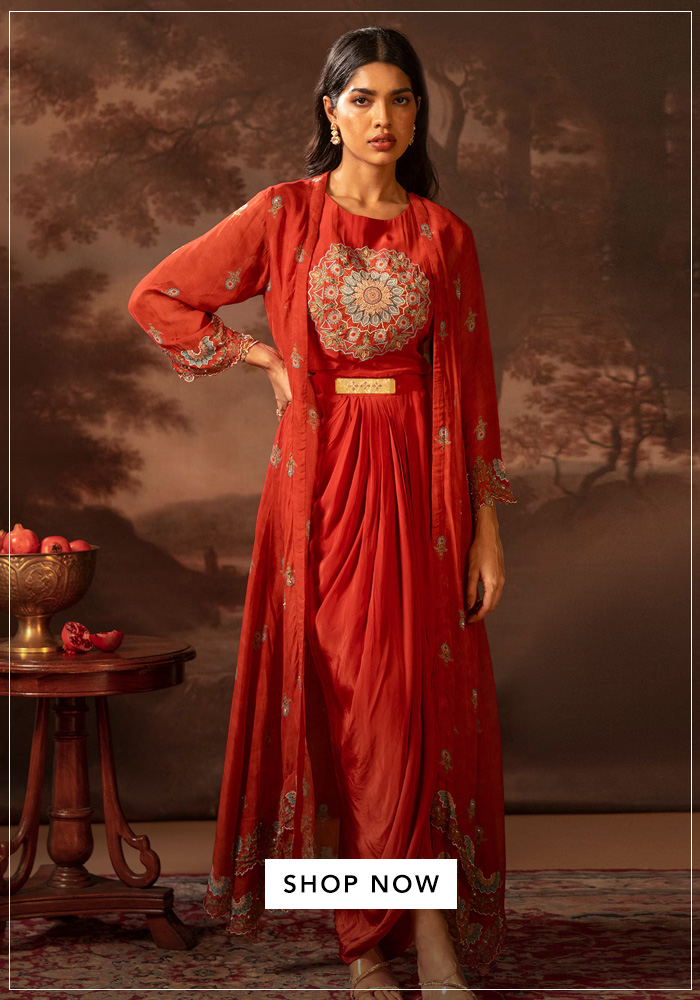 Soup-by-Sougat-Paul-Red-Organza-Crepe-Silk-Embroidery-Zari-Floral-Print-Draped-Dress-And-Jacket