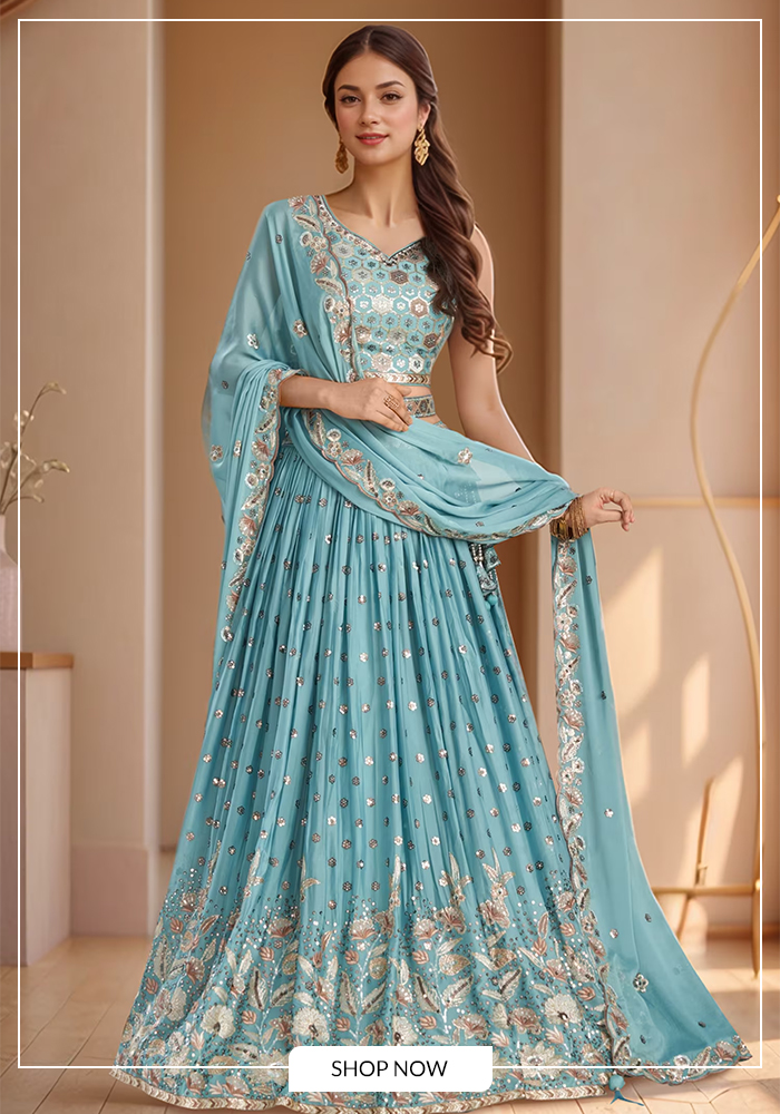 Samyukta Singhania 
Turquoise Georgette, Polyester Zari, Metallic Thread, Flower Vine Lehenga Set