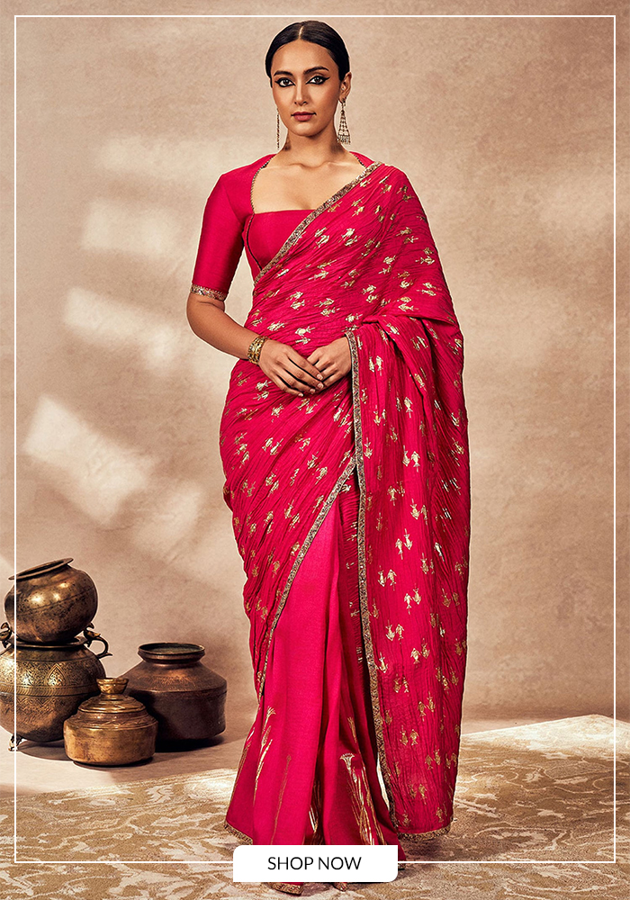 Masaba 
Pink Silk Mystic Whispering Lily Crushed Saree With Unstitched Blouse Piece