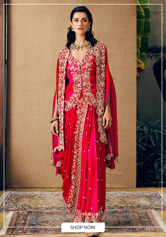 Khushboo Bagri 
Pink Organza, Satin Pearls, Embroidery V-neck Floral Zardozi Jacket Set