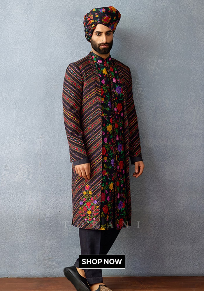 Torani Black Jersey, Silk Embroidery Dil Shaad Naji Print Sherwani Set