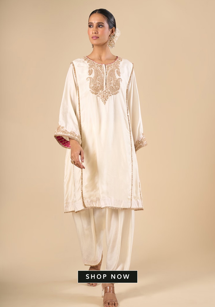 White & Golden Kurta Set for Vishu