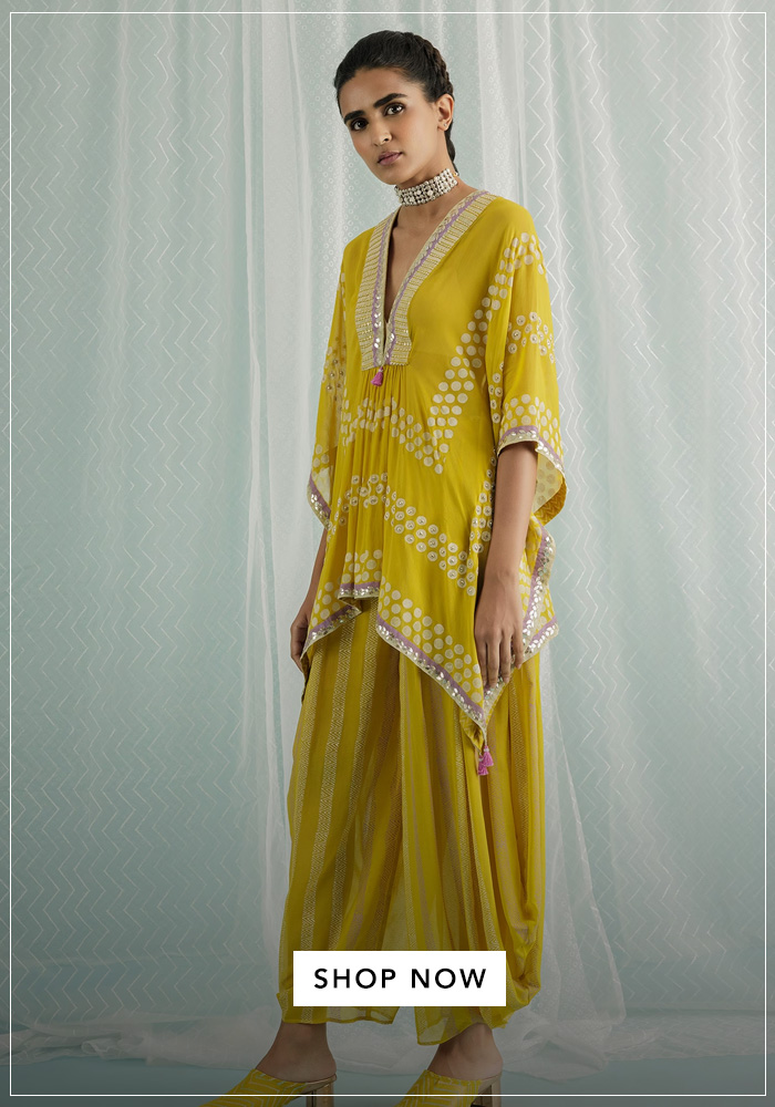 Yellow-Georgette-Cotton-Emi-Polka-Dot-Print-Kaftan-Tunic-And-Dhoti-Pant-Set.