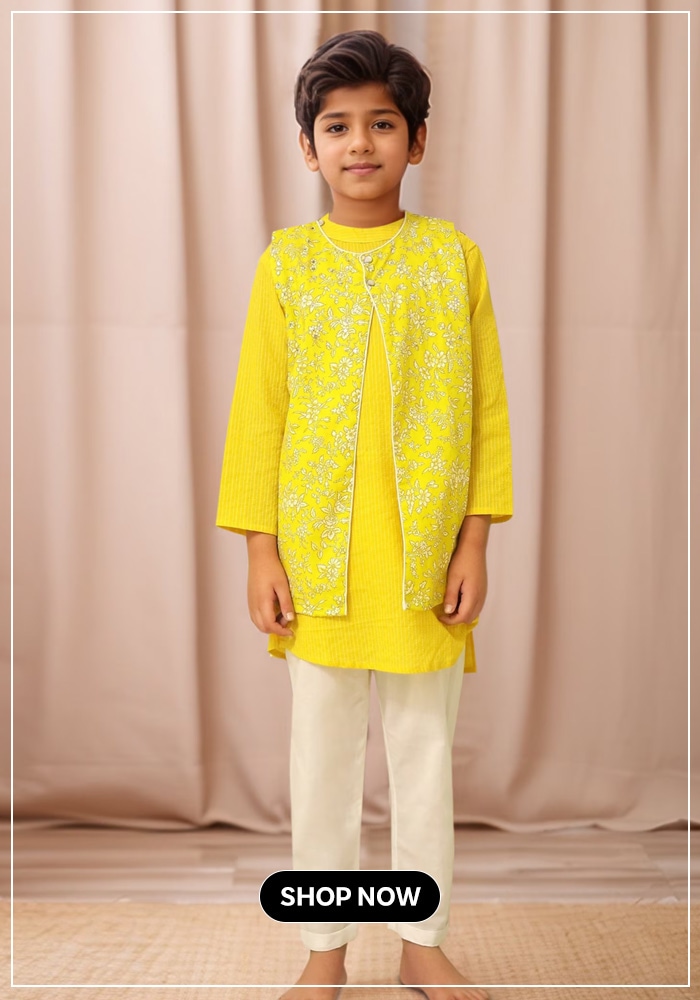 Yellow Cotton Sequins, Embroidery Kurta Jacket Set