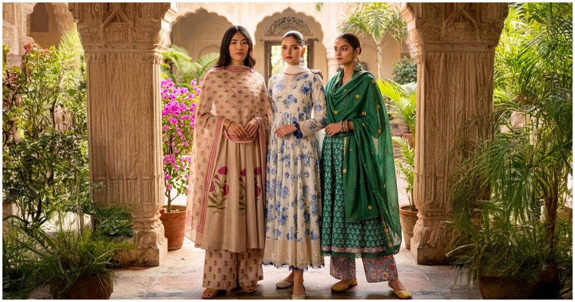 Women wearing elegant Jaipuri kurta sets with traditional Jaipur prints in a heritage courtyard