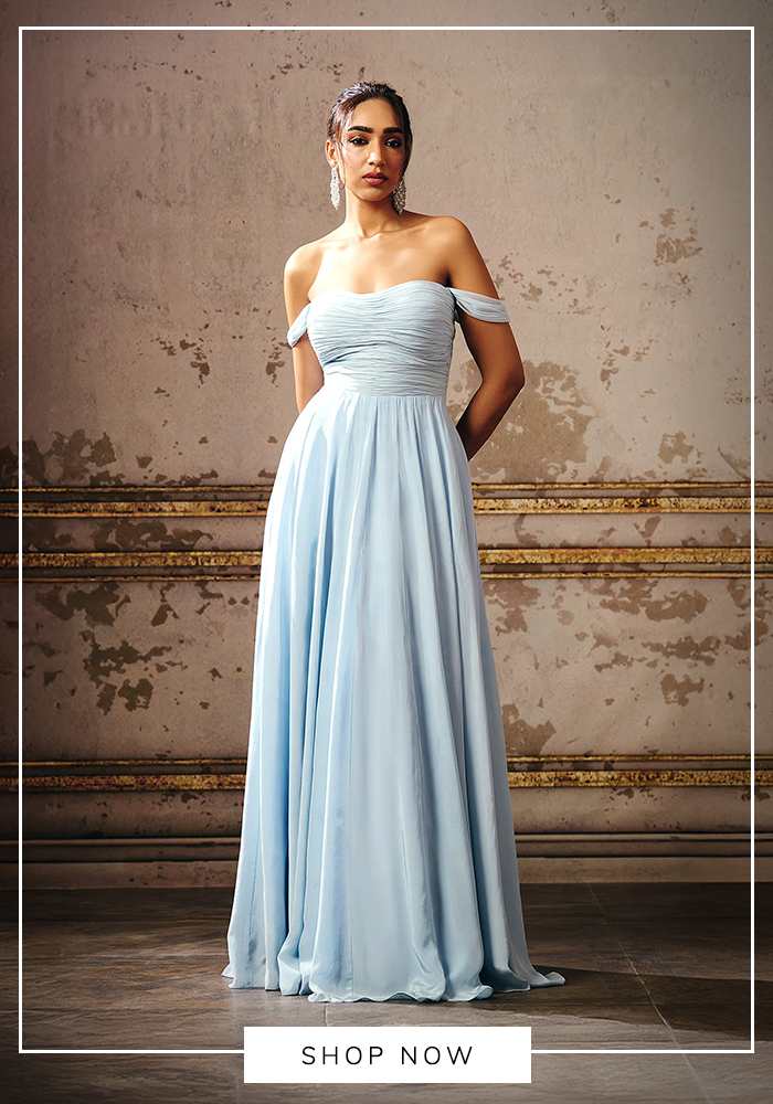 Aquamarine off-shoulder gown