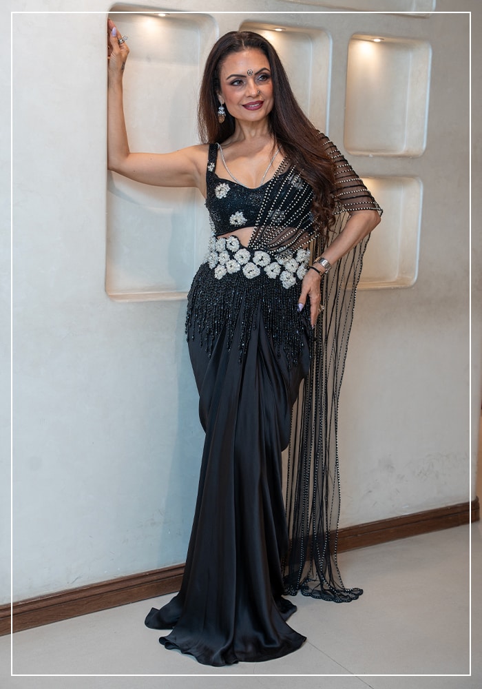 Celebrity wearing Rabiya Savlani black pre-draped saree
