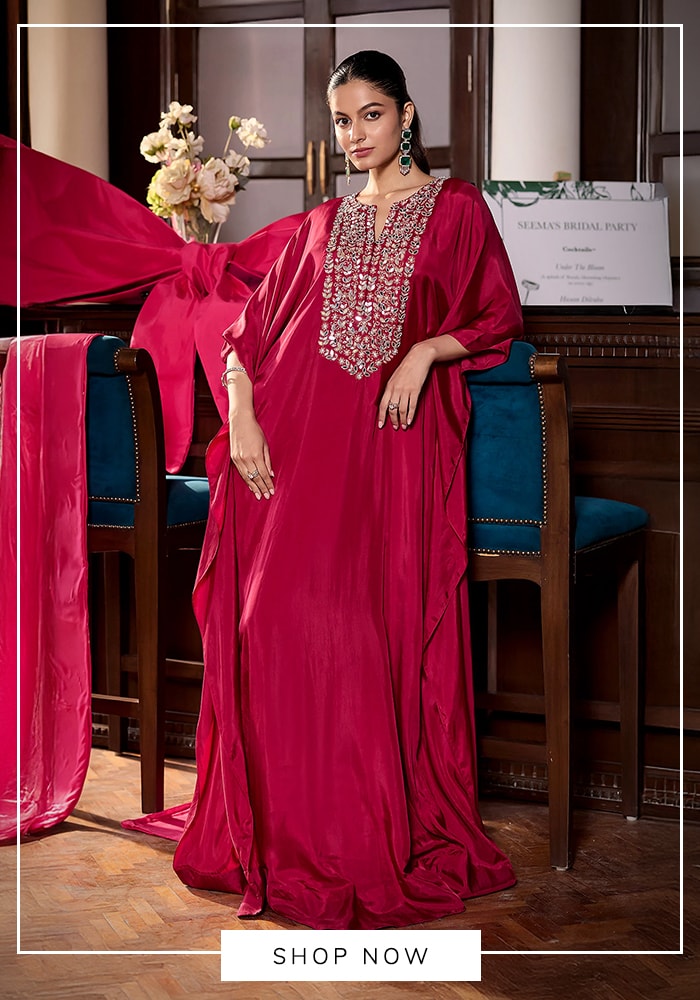 Fuschia neckline embroidered kaftan set