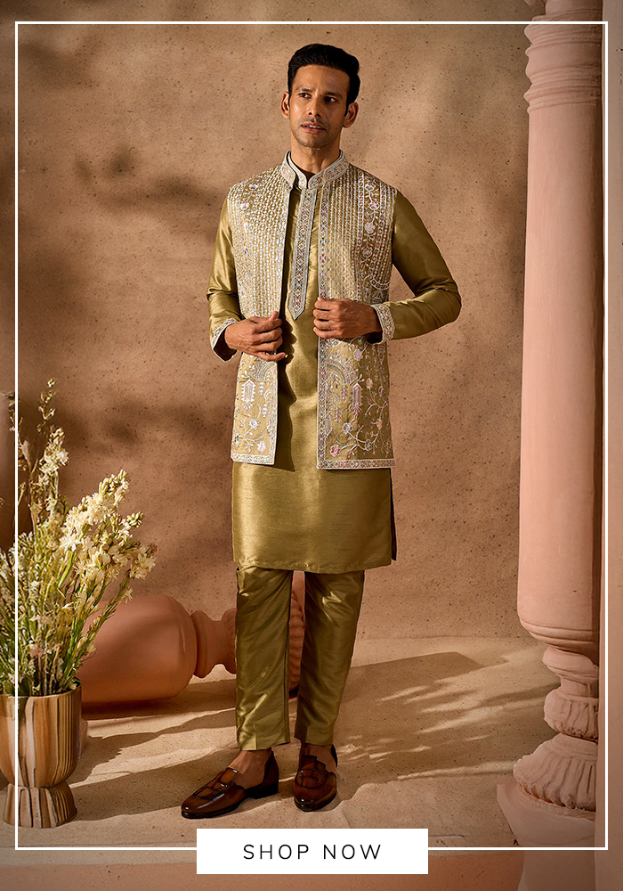 Green embroidered nehru jacket