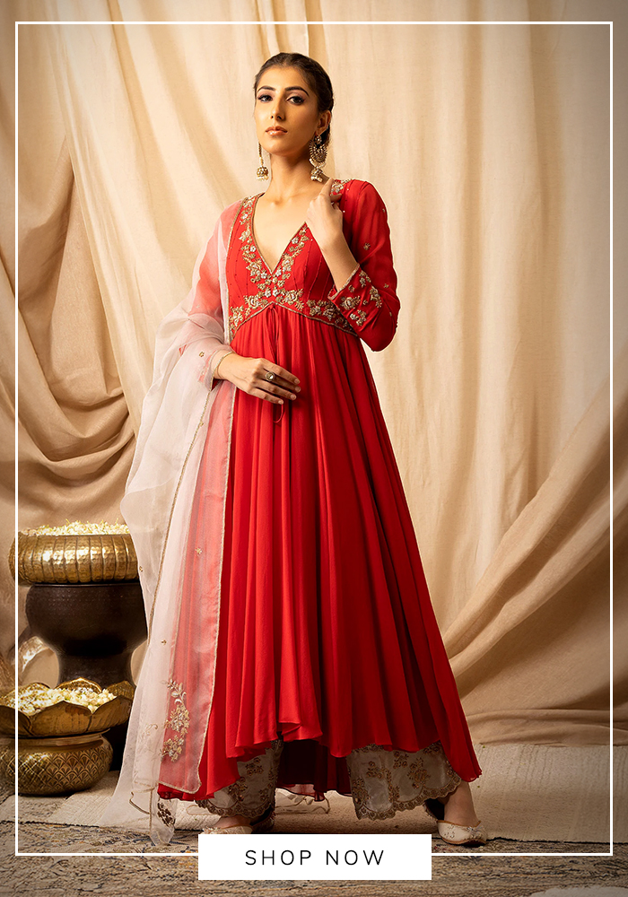 Hand embroidered red anarkali