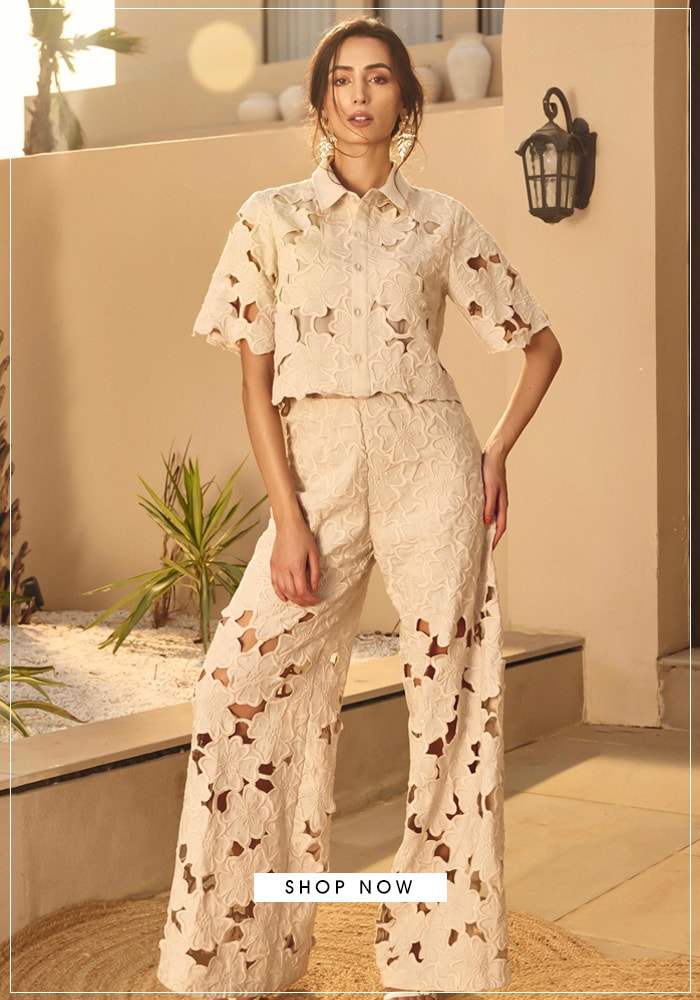 Warm sandstone cut work crop top and trouser set