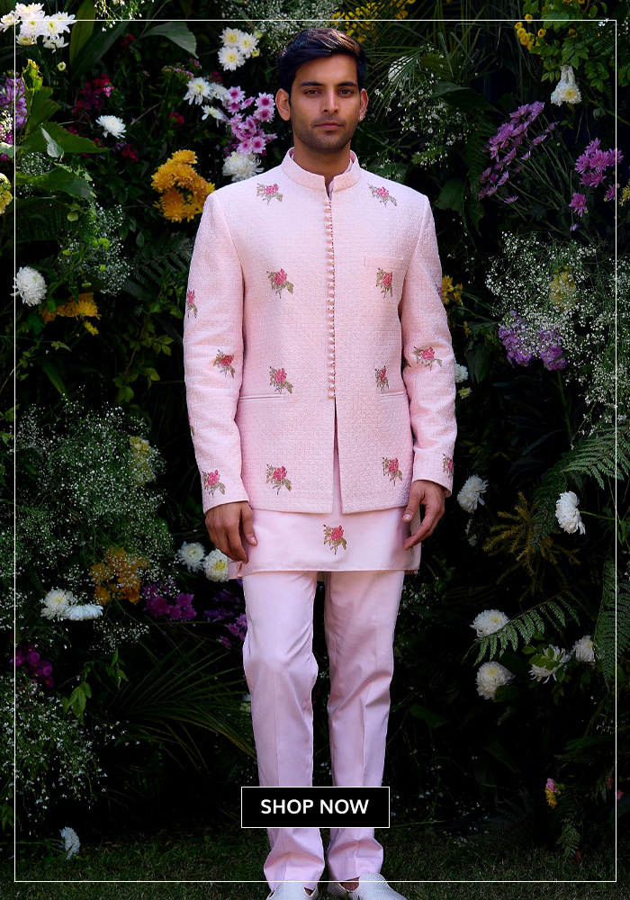 Pink block print jacket kurta set