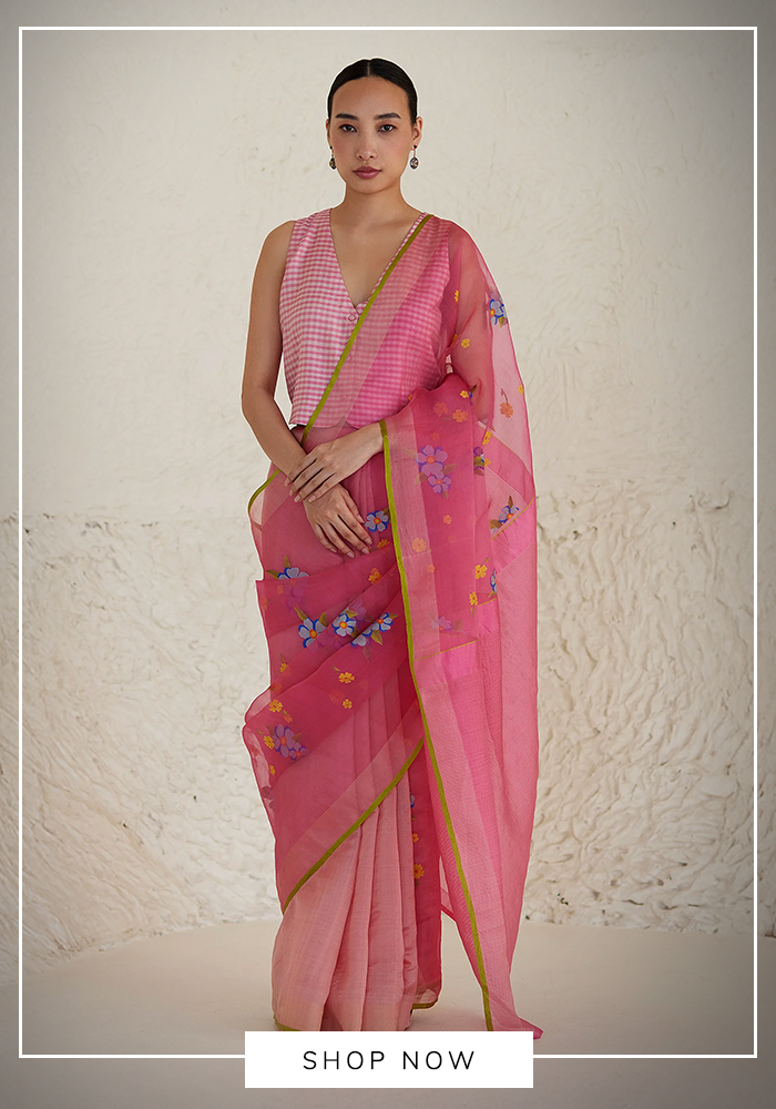 Pink embroidered jamdani saree