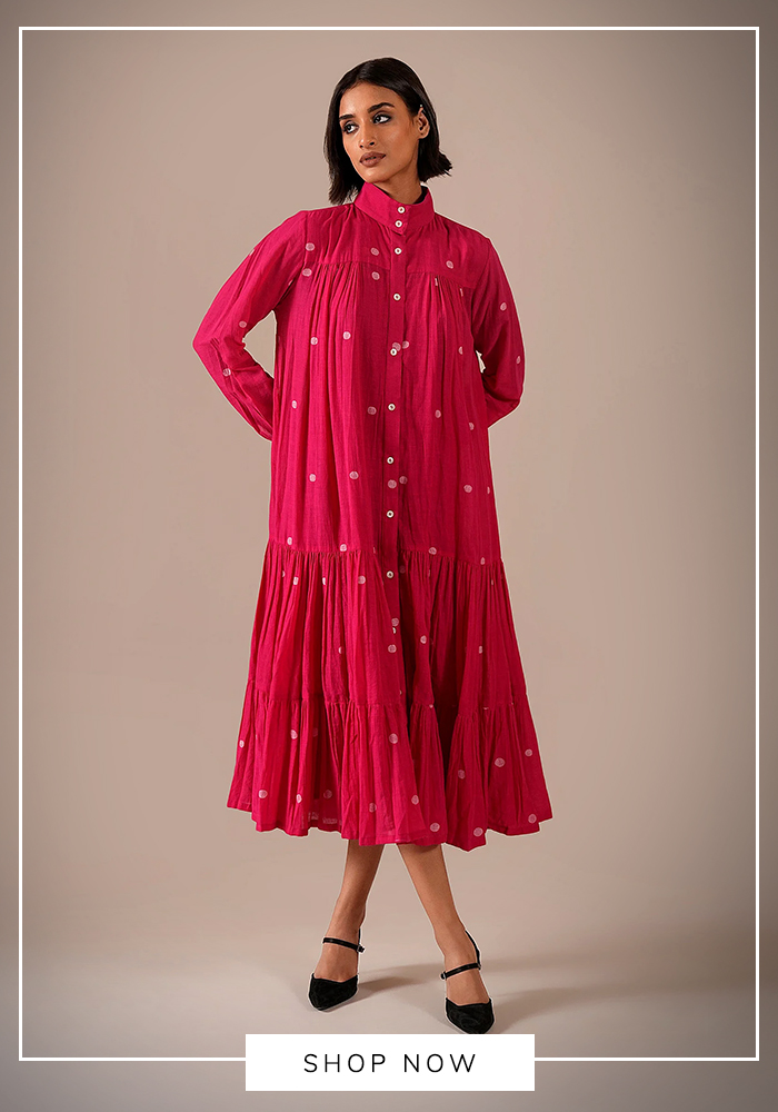 Pink jamdani cotton dress