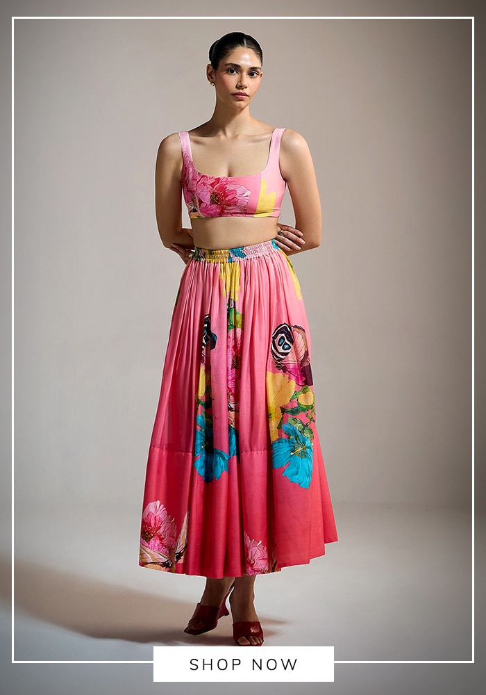 Pink flared printed maxi skirt