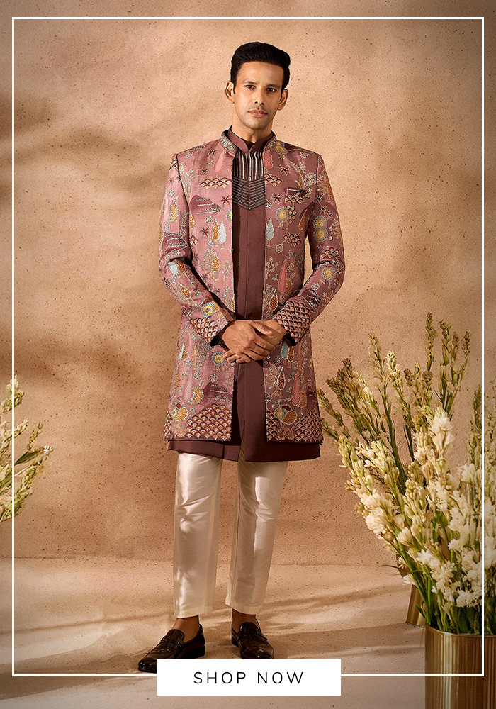 Pink silk embroidered sherwani