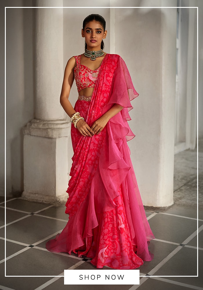 Paulmi and Harsh pre-draped ruffle saree
