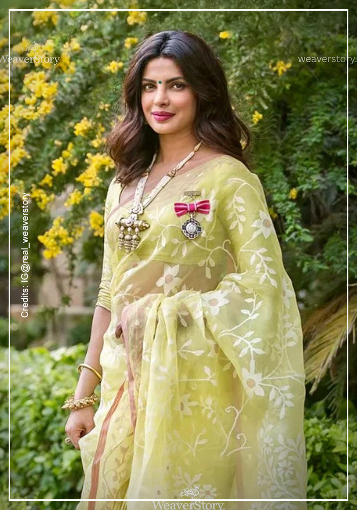 Priyanka Chopra Jonas in yellow muslin jamdani saree